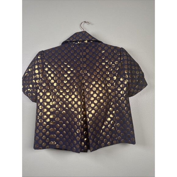 WALTER Cropped Button Tie Blazer Navy With Gold Metallic Polka Dots Women’s Sz 8 - Picture 9 of 11